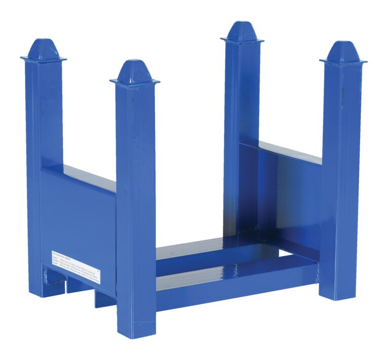 The blue metal frame, similar to the Vestil Stackable Bar Cradle 3700 Lb 19 In Long, has four vertical posts and a horizontal base. With a smooth gloss finish, it offers an open design ideal for stacking pallets or materials up to 3700 lbs.