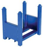 The Vestil Stackable Bar Cradle 5600 Lb 22 In Long is a blue metal stackable rack with four corner posts, shown upside down. Designed for industrial storage, it supports organization with a smooth, painted surface that reflects light, highlighting its robust construction.