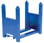 The blue metal storage rack, similar to the Vestil Stackable Bar Cradle 7500 Lb 26 In Long, is inverted to display its four corner posts and open frame. It features a sturdy build with a glossy finish, holding up to 7500 lbs. Set against a white background, it measures 26 inches long.