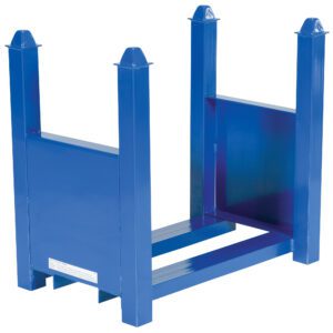 The blue metal storage rack, similar to the Vestil Stackable Bar Cradle 7500 Lb 26 In Long, is inverted to display its four corner posts and open frame. It features a sturdy build with a glossy finish, holding up to 7500 lbs. Set against a white background, it measures 26 inches long.