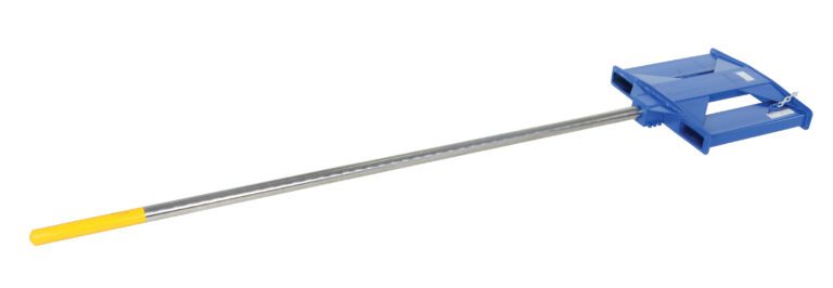 The Vestil Rug Ram Boom Fork Mounted 108 In Length includes a long metal rod with a blue rectangular plastic attachment and a yellow handle, designed for fork mounting.