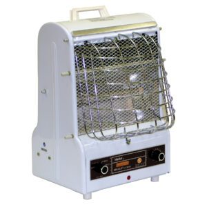 The Vestil Light Portable Electric Heater 12X11X15 features a metal grate front, control knobs, and base buttons. Its compact retro design includes a carrying handle and mesh guard for safety, making it stylish and functional for warming any space.