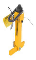 A yellow wheel lock with a steel bar, handle, black adjustable knob, yellow warning tag, and black coiled cable immobilizes vehicle wheels and is as durable as a Vestil Reel Lifter with 3000Lb capacity.