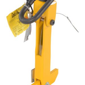 A yellow wheel lock with a steel bar, handle, black adjustable knob, yellow warning tag, and black coiled cable immobilizes vehicle wheels and is as durable as a Vestil Reel Lifter with 3000Lb capacity.