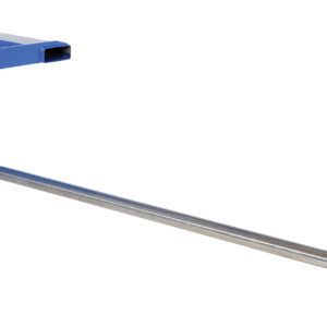 This blue wall-mounted metal bracket resembles the Vestil Rug Ram Boom Fork Mounted Inverted 108L, featuring a long silver cylinder with a yellow-capped end. It extends horizontally, supported by an attached chain for sturdiness and reliability.