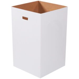 The tall, white MH-USA Corrugated Trash Can - Plain 40 Gallon (10/Bundle) has a brown interior and an open top, featuring a rectangular cutout handle on one side for practicality and style in any setting.