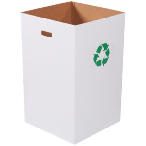 The MH-USA Corrugated Trash Can with Recycle Logo - 40 Gallon, white cardboard recycling bin, features a green logo and top rectangular cutout handle, ensuring upright waste management.
