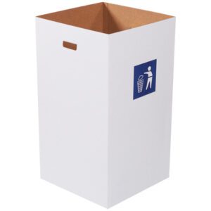 The MH-USA Corrugated Trash Can with Waste Logo is a tall, rectangular 50-gallon bin featuring a cutout handle and blue litter icon. The pack contains 10 bundles of plain brown interior cardboard.