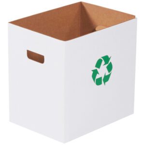 The MH-USA Corrugated Trash Cans with Recycle Logo are 7-gallon white cardboard bins featuring a green recycling symbol, cut-out handles, and a top-opening to reveal a brown interior. They come in bundles of 20 for easy use.