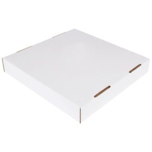 A closed, plain white square pizza box with side slits sits neatly on a white background, echoing the sleek design of the MH-USA Corrugated Trash Can Lid Solid for 40 and 50 Gallons (10/Bundle).