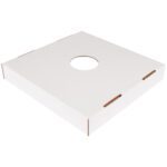 A square white pizza box with a center hole in the lid resembles an MH-USA Corrugated Trash Can Lid for 40 and 50 gallons. It has two ventilation slots on each side. Despite the lid being closed, the box is empty.