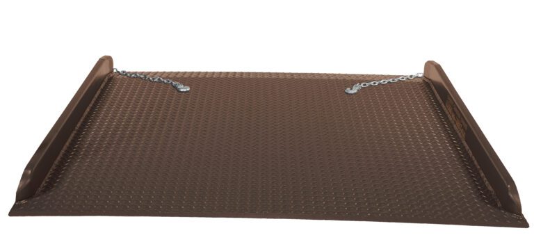 The durable Vestil Container Ramp (84 x 71.93 inches) holds up to 20,000 lbs and features a textured surface with raised edges. Two attached chains provide stability for loading or access purposes.