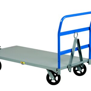 The Little Giant platform dolly features a blue handle, four durable black wheels, and a foldable design. Its ring latch mechanism ensures secure handling, reflecting the reliability of the Little Giant Caster Steer Trailer.