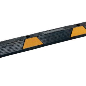 The Vestil Car Stop, made from recycled rubber, is a black and yellow parking curb. It measures 71.75 inches with evenly spaced triangular yellow sections on a textured surface, offering a durable and slightly elevated rectangular design for secure vehicle placement.