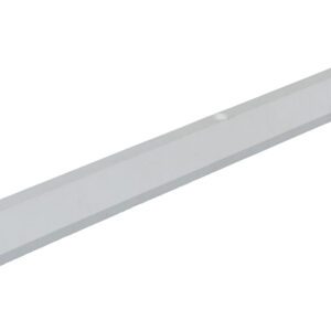 A long, light gray rectangular metal bar with beveled edges and two round mounting holes resembles the Vestil Car Stop Recycled Plastic White 72 In. Against a white background, it hints at the durability and utility of recycled plastic in its understated elegance.