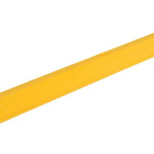 A Vestil Car Stop, bright yellow and made from recycled plastic, measures 72 inches. It is a long, rectangular object with beveled edges and a smooth surface, featuring a notch at one end and two circular indentations on top, angled against a white background.
