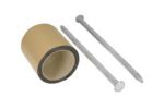 A roll of adhesive tape sits next to two large metal nails, making an ideal pairing in the Vestil Anchor Kit for 2-Hole Car Stop, set against a clean white background.