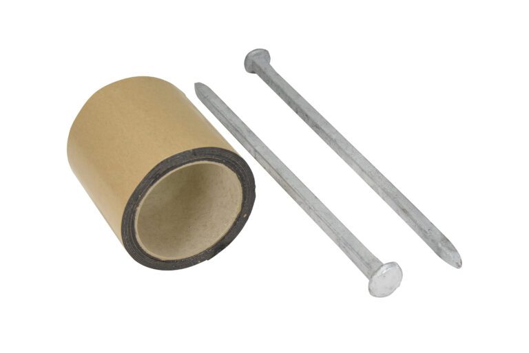 A roll of adhesive tape sits next to two large metal nails, making an ideal pairing in the Vestil Anchor Kit for 2-Hole Car Stop, set against a clean white background.