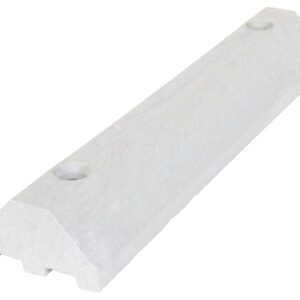 The Vestil Parking Block 24 In Gray has a long, rectangular concrete design with chamfered edges and two circular holes on top, making it both durable and stylish for marking parking spaces.