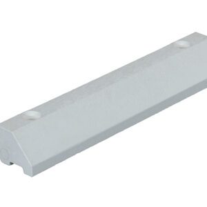 The Vestil Parking Block 24 In White is a white, rectangular, wedge-shaped plastic block with two circular mounting holes at the ends. Its slightly beveled edges provide both practicality and a modern look.