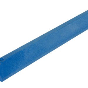 The Vestil Car Stop Recycled Plastic Blue 48 In features a blue elongated structure on a white background. Made from recycled plastic, it has a textured surface with small circular indents at each end and is sloped in a triangular shape.