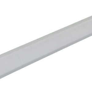 The Vestil Car Stop is a long, rectangular white object with a triangular cross-section made from recycled plastic. It measures 48 inches and blends seamlessly into the white background.