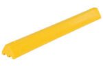 The Vestil Car Stop Recycled Plastic Yellow 48 In is an elongated triangular parking wheel stop made from recycled plastic, with ridged and flat surfaces, tapering at the top, and bottom notches for a secure fit.