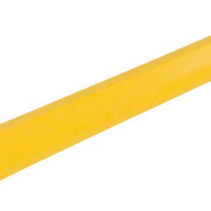 The Vestil Car Stop Recycled Plastic Yellow 48 In is an elongated triangular parking wheel stop made from recycled plastic, with ridged and flat surfaces, tapering at the top, and bottom notches for a secure fit.