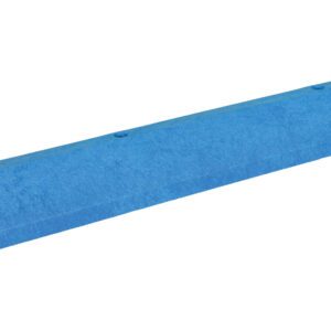 The Vestil Truck Stop Recycled Plastic Blue 96 In is a long, blue rectangular speed bump with a smooth, slightly textured surface and a triangular profile, ideal for roads or parking areas.
