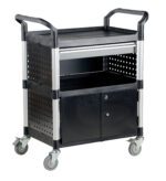 The Vestil Commercial Cart 33X19 3-Shelf W/ Doors includes two handles, four wheels, a drawer, a cabinet with doors, perforated sides, aluminum supports, and a flat top surface—an ideal versatile utility solution.