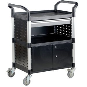 The Vestil Commercial Cart 33X19 3-Shelf W/ Doors includes two handles, four wheels, a drawer, a cabinet with doors, perforated sides, aluminum supports, and a flat top surface—an ideal versatile utility solution.
