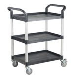 The Vestil Commercial Cart 43X20 3-Shelf No Panels is a sleek, gray utility cart with handles on both sides and four wheels for easy mobility, featuring black shelves and silver legs for a versatile solution to any task.