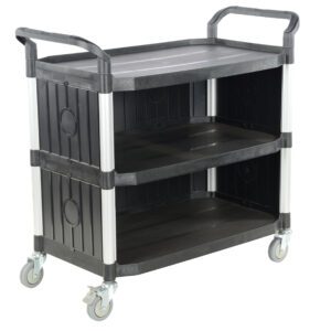 The Vestil Commercial Cart 43X20 features a sturdy three-shelf design with two handles and sleek silver bars. Its robust build includes swivel casters and panel-enhanced shelves for seamless mobility and utility.