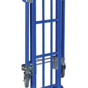 The Vestil Convertible Hand Truck Steel 500 Lb Cap, featuring a blue and black design with a sturdy metal frame and small base, easily lifts and transports up to 500 lb.