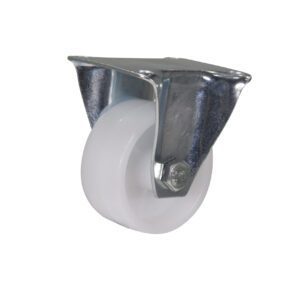 The Vestil 2X13/16 Poly, Rigid caster features a white plastic wheel with a silver metal mounting bracket, displayed on a plain white background.