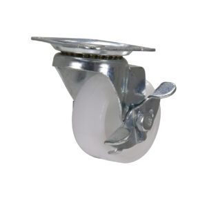 The Vestil 2X13/16 Poly, Swivel W/Brake showcases a metal mount and white wheel, with a metallic bracket lever for braking. Its minimalist design stands out against the plain white background, emphasizing functionality and simplicity.