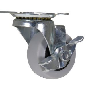 The Vestil 2X4/5 TPR model is a gray swivel caster wheel with a brake, metal mounting plate, and visible ball bearings for smooth rotation, shown attached to a metal frame.