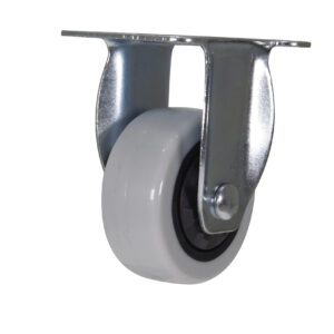 The Vestil 3X1-1/4 Poly, Rigid caster wheel has a white rubber wheel and a sturdy metal mount with two side brackets attached to a flat top plate for smooth rotation, all set against a plain white background that highlights its sleek design.