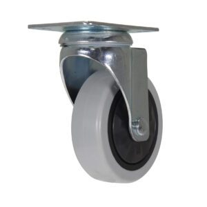 The Vestil 4X1-1/4 Poly, Swivel caster has a gray rubber outer layer and black plastic center with a metal mounting plate for easy attachment, offering smooth mobility on different surfaces.
