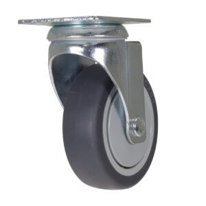 The Vestil 4X1-1/4 Tpr Swivel features a black rubber tire and shiny metal bracket for optimal mobility. Its flat mounting plate simplifies installation, while reflective metal parts add sleekness.