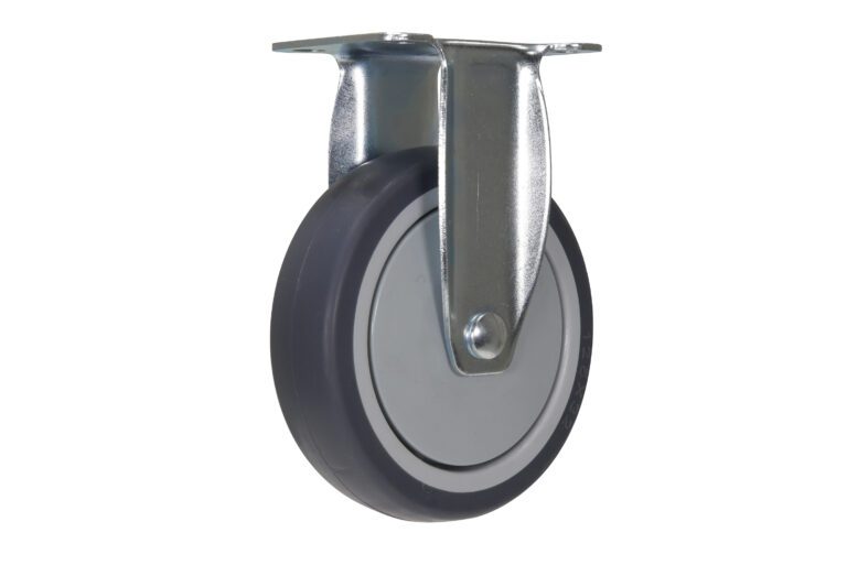 The Vestil 5X1-1/4 Tpr, Rigid caster features a gray rubber outer ring and center, mounted with a metal bolt on a sturdy bracket, isolated against a white background to showcase its durable design.