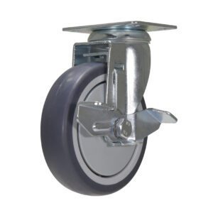 The Vestil 5X1-1/4 Tpr Swivel W/Brake is a swivel caster wheel with a metal bracket and gray rubber tire. It includes a side lock brake lever, showcasing its efficient locking mechanism and sturdy mounting plate.