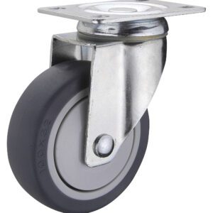 The Vestil 5X1-1/4 Tpr, Swivel caster wheel features a gray rubber tire and robust metal frame for easy movement. Its securely installed via a sturdy mounting plate with four holes.