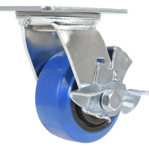 The Vestil 4X2 Elastic Rubber (Blue) Swivel W/ Brake includes a metal mounting plate and locking mechanism, designed for mobility and stability on furniture or carts. Its sleek silver components provide a modern touch.