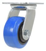 The Vestil 4X2 Elastic Rubber (Blue) Swivel is attached to a shiny metal mounting plate with visible bolts for a secure fit.