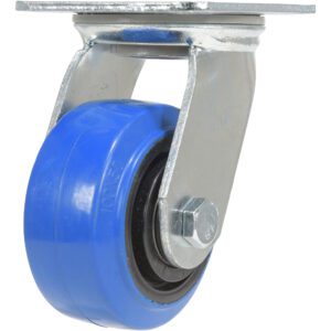 The Vestil 4X2 Elastic Rubber (Blue) Swivel is attached to a shiny metal mounting plate with visible bolts for a secure fit.