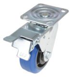 The Vestil 5X2 Elastic Rubber (Blue) Swivel W/ Total Brake caster has a blue rubber tire, shiny silver mounting plate, and includes an OFF labeled brake lever and bolt for easy attachment.