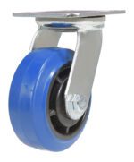The Vestil 5X2 Elastic Rubber (Blue) Swivel caster wheel has a metal bracket and mounting plate for easy movement. Joined to a black inner part, its gleaming metallic sections suggest its either brand new or well-maintained.