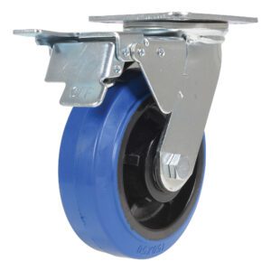 Close-up of the Vestil 6X2 Elastic Rubber (Blue) Swivel with Total Brake, featuring a black core and metal mounting plate. The brake displays an OFF label. The wheel is isolated on a white background.