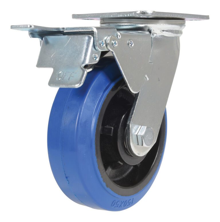 Close-up of the Vestil 6X2 Elastic Rubber (Blue) Swivel with Total Brake, featuring a black core and metal mounting plate. The brake displays an OFF label. The wheel is isolated on a white background.